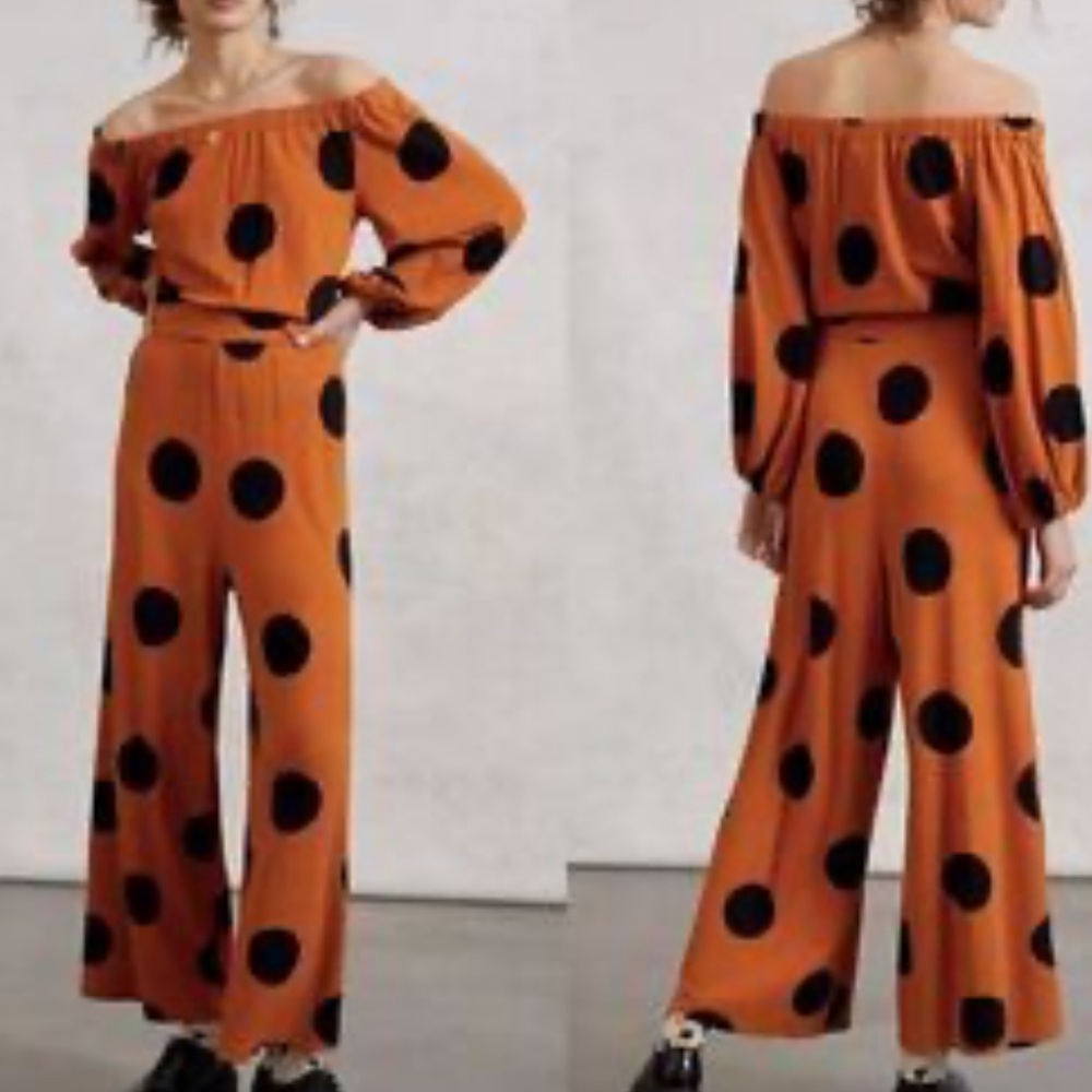 Off-Shoulder Polka Dot Wide-Leg Jumpsuit - Orange/Black